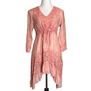 SAGA Babydoll Dress Size 0 Pink Silk Blend Boho Festival Fairy Lagenlook Crochet